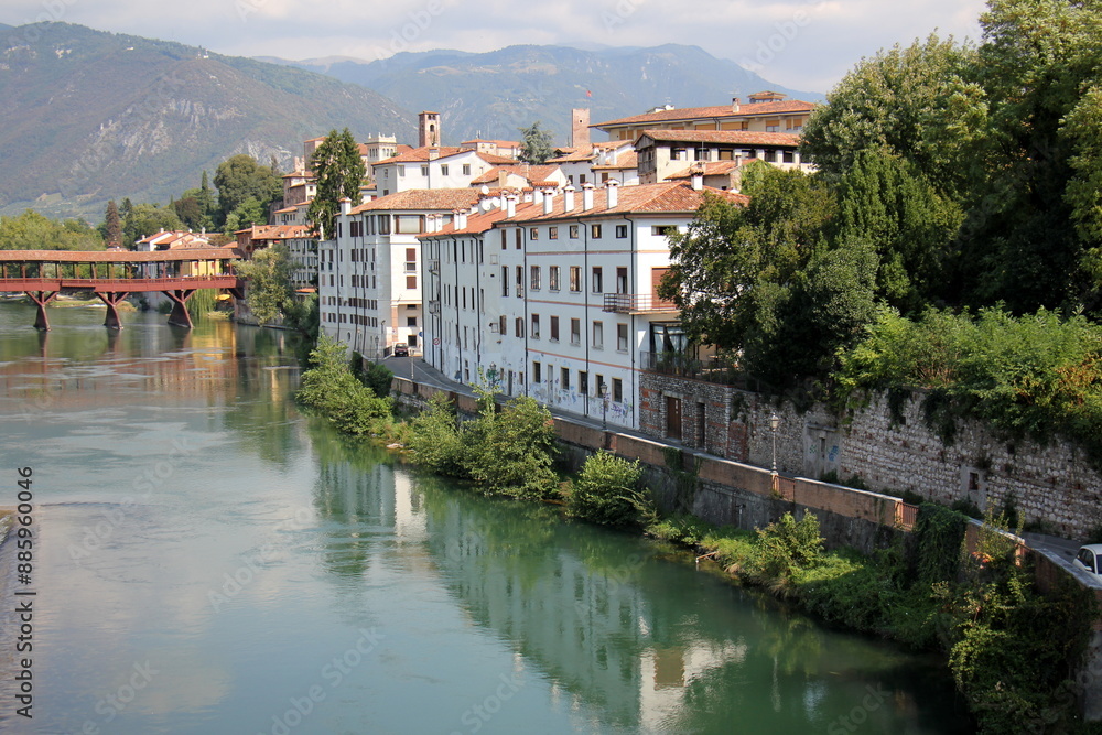 Fototapeta premium Bassano del Grappa Italy 09/11/2023. The city is located among the mountains and hills of the Veneto, on the banks of the Brenta River.