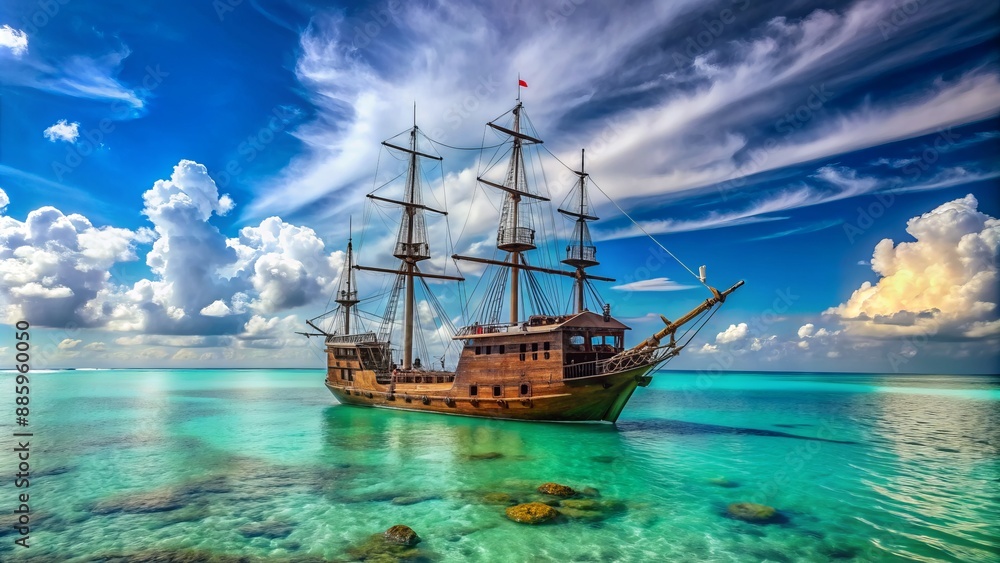 A majestic, worn, 17th-century-style pirate vessel sails solo through serene, turquoise Caribbean waters under a vibrant, cloudless blue sky. A majestic, worn, 17th-century-style pirate vessel sails solo through serene, turquoise Caribbean waters under a vibrant, cloudless blue sky.