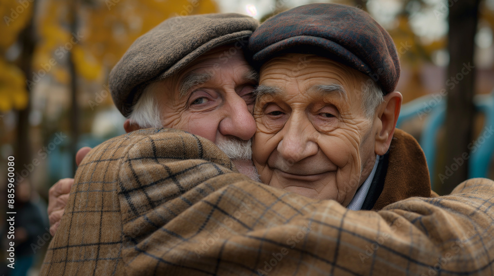 Two Elderly Men Embracing in Fall Park Two Elderly Men Embracing in Fall Park