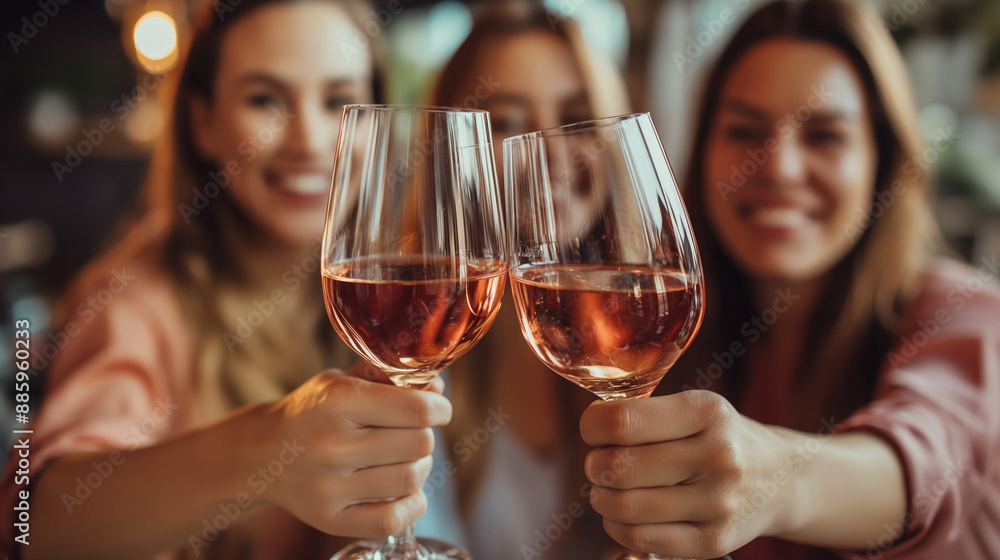 Close-up of joyful female friends clinking wine glasses at a vibrant gathering, relishing each other's company in a chic bar ambiance, epitome of camaraderie and shared delight. Close-up of joyful female friends clinking wine glasses at a vibrant gathering, relishing each other's company in a chic bar ambiance, epitome of camaraderie and shared delight.