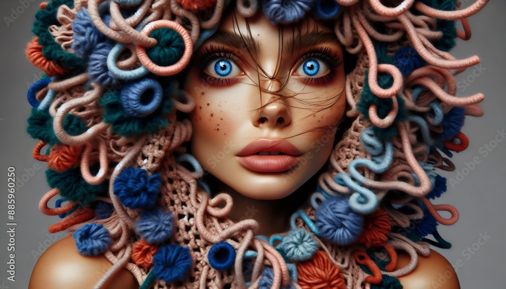 portada de revista, modelo, ropa abstracta, vestido extravagante, escultura, mujer, variopinto, ilustración 3d, doto, foto realismo portada de revista, modelo, ropa abstracta, vestido extravagante, escultura, mujer, variopinto, ilustración 3d, doto, foto realismo