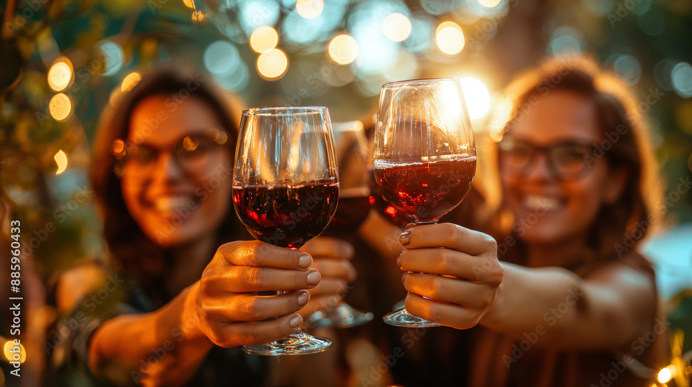 Close-up of joyful female friends clinking wine glasses at a vibrant gathering, relishing each other's company in a chic bar ambiance, epitome of camaraderie and shared delight. Close-up of joyful female friends clinking wine glasses at a vibrant gathering, relishing each other's company in a chic bar ambiance, epitome of camaraderie and shared delight.