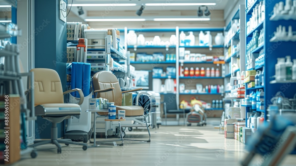 Fototapeta premium Enhancing Mobility A Diverse Array of Supportive Aids and Comfortable Cushions in a Pharmacy
