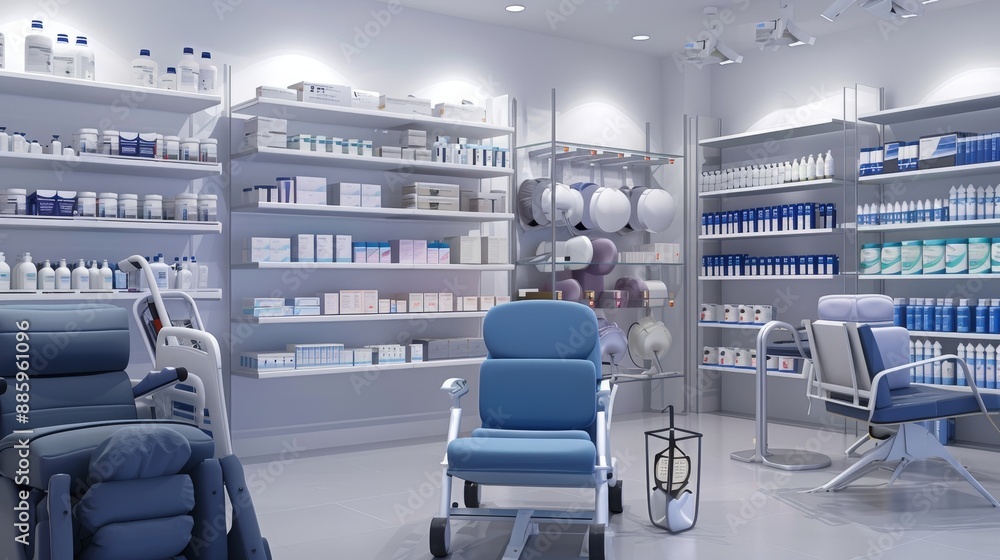 Fototapeta premium Enhancing Mobility A Diverse Array of Supportive Aids and Comfortable Cushions in a Pharmacy