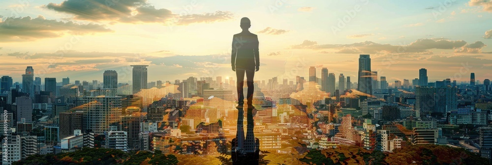 Silhouette of a person standing on a rooftop overlooking a dynamic city ...