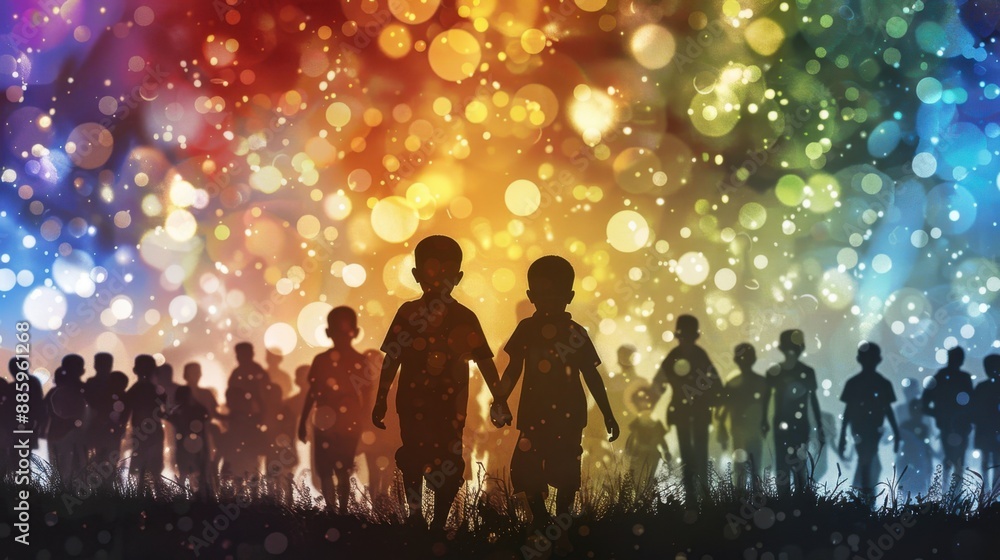 Silhouettes of children hand in hand against a vibrant, colorful bokeh background, symbolizing unity, joy, and togetherness. Silhouettes of children hand in hand against a vibrant, colorful bokeh background, symbolizing unity, joy, and togetherness.
