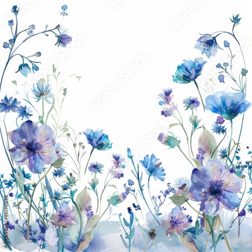 A soft watercolor painting of delicate wildflowers in various shades of blue and purple framing a clean white background.