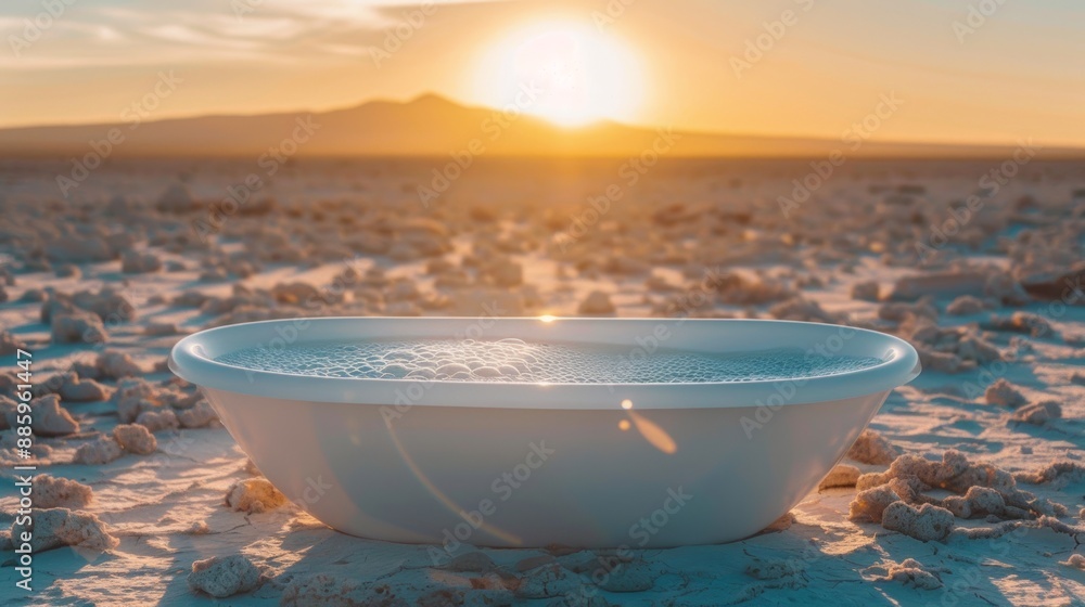 A lone white bathtub, filled with soap bubbles reflecting the setting sun, creates a surreal oasis in a vast desert landscape