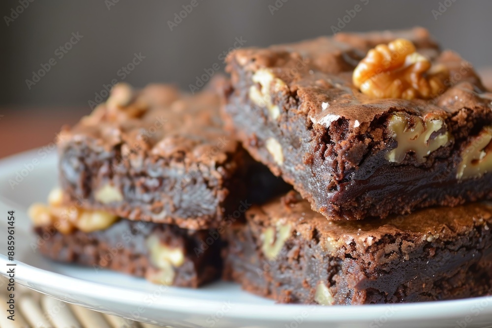 Freshly baked chocolate brownies topped with walnuts, sitting on a white plate Freshly baked chocolate brownies topped with walnuts, sitting on a white plate