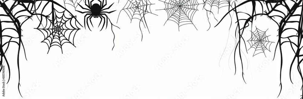 white background, clear lines, simple vector illustration of cobwebs on the sides, black outline on a white background white background, clear lines, simple vector illustration of cobwebs on the sides, black outline on a white background