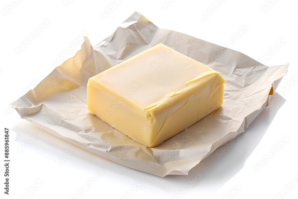 © KingKongThePitbull - Piece of butter on package paper isolated on white background. © KingKongThePitbull - Piece of butter on package paper isolated on white background.