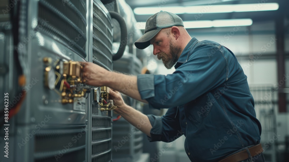 AC technician performing routine maintenance on a large factory air conditioning system, realistic photography AC technician performing routine maintenance on a large factory air conditioning system, realistic photography