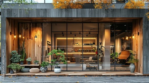 Modern Boutique Facade Mockup Showcasing White and Wood Design