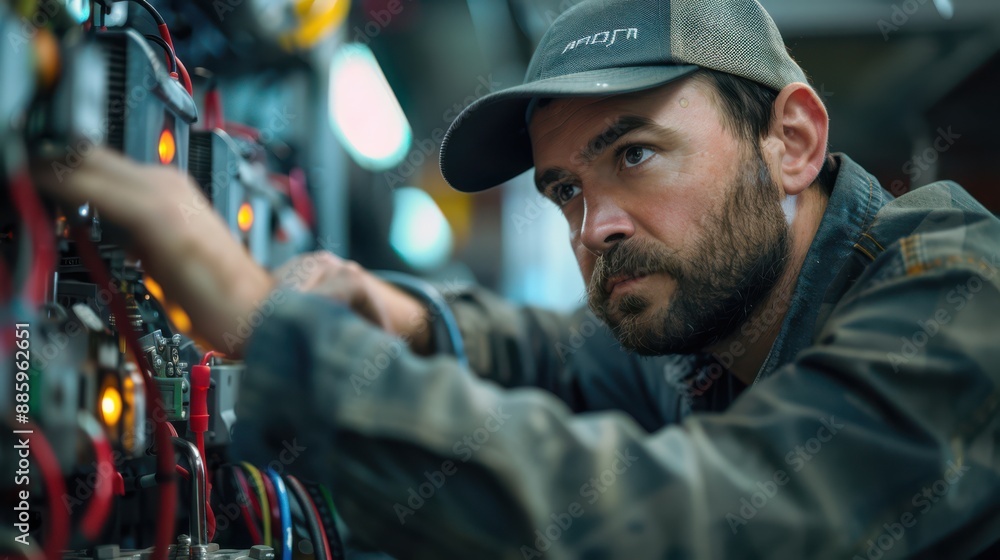 Obraz premium AC technician troubleshooting a malfunctioning unit, realistic photo