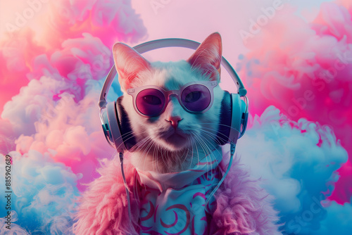 fantasy character with cat head in sunglasses and headphones wearing white jacket listening to music against pink and blue background
