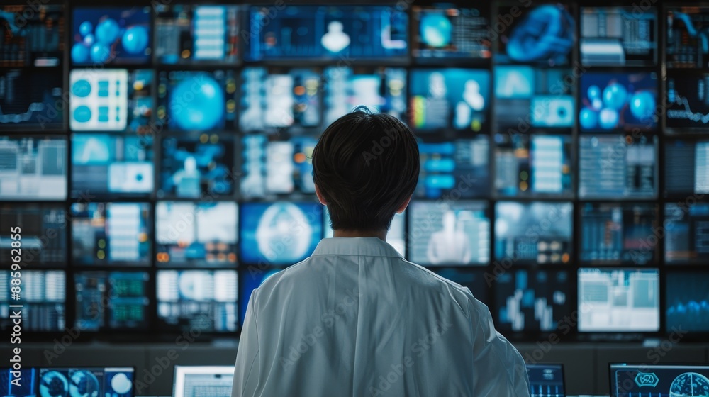 Data Delve Scientist in Lab Coat Analyzing Monitors with Research Findings Data Delve Scientist in Lab Coat Analyzing Monitors with Research Findings