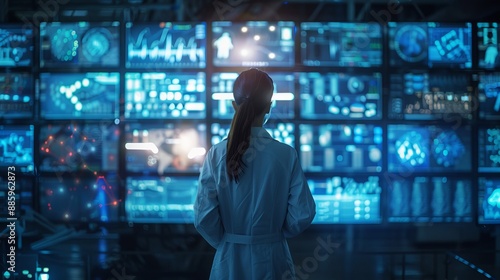 Data Delve Scientist in Lab Coat Analyzing Monitors with Research Findings