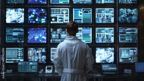 Data Delve Scientist in Lab Coat Analyzing Monitors with Research Findings © laliz