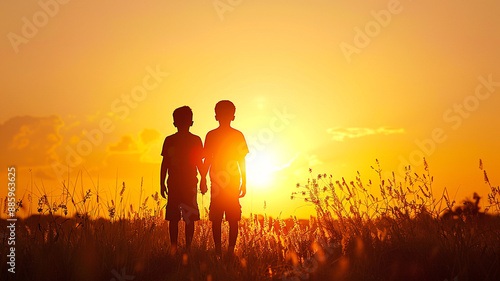 Two Boys Silhouetted Against a Sunset in a Field