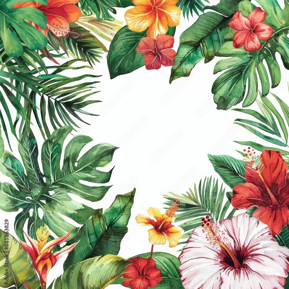 Lush watercolor leaves and vibrant tropical flowers like hibiscus and orchids frame a white background, evoking a sense of exotic beauty. Lush watercolor leaves and vibrant tropical flowers like hibiscus and orchids frame a white background, evoking a sense of exotic beauty.
