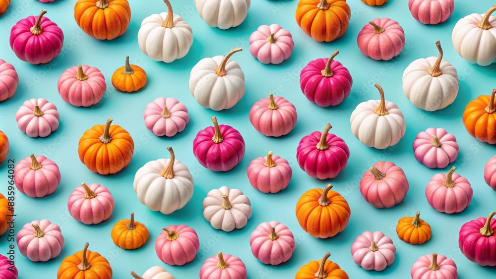 Vibrant pink, orange, and white pumpkins arranged in a seamless repeat pattern on a soft light blue background, perfect for autumn designs. Vibrant pink, orange, and white pumpkins arranged in a seamless repeat pattern on a soft light blue background, perfect for autumn designs.