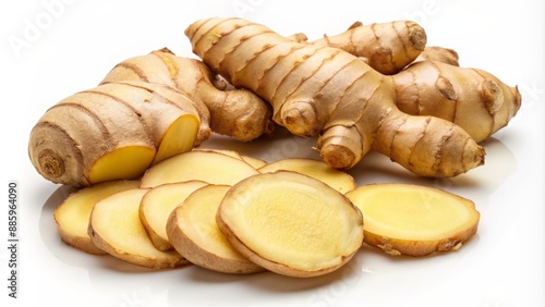 Fresh organic ginger root with sliced pieces isolated on white background, showcasing its culinary and medicinal properties perfectly. photo