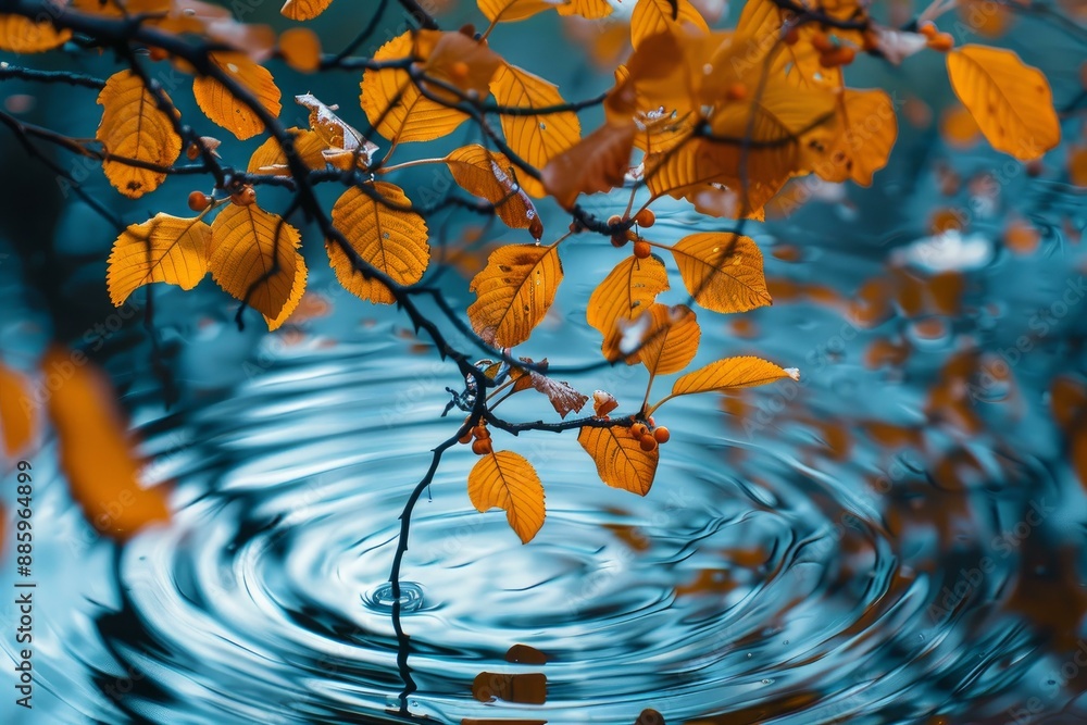 © ylivdesign - Branch with yellow autumn leaves reflected in blue water creating ripples © ylivdesign - Branch with yellow autumn leaves reflected in blue water creating ripples