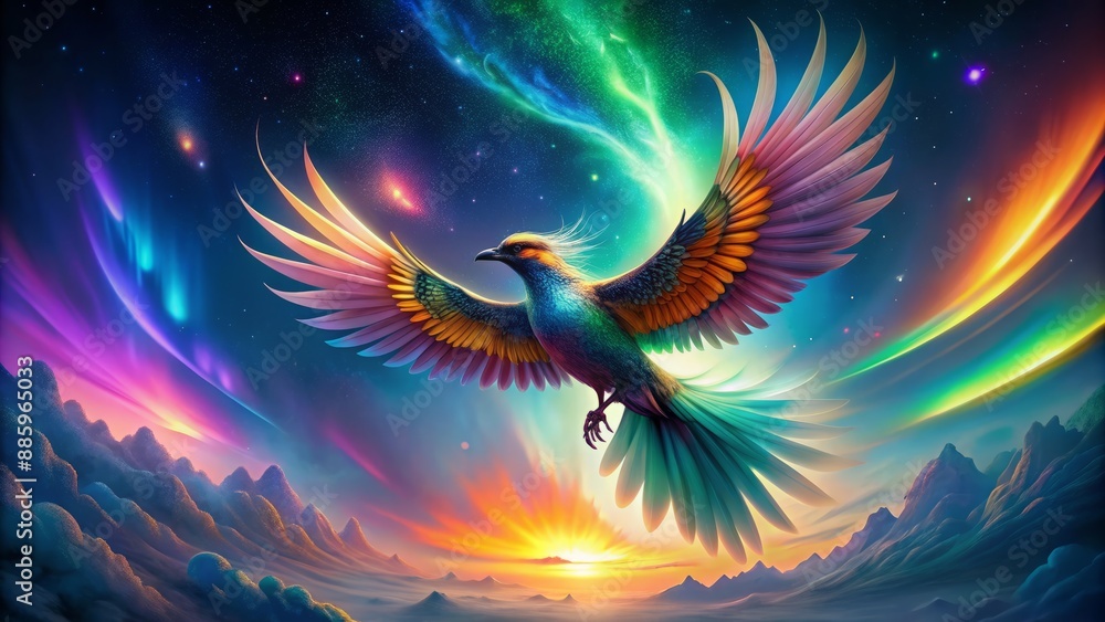 Vibrant iridescent bird silhouette glides effortlessly against a kaleidoscope of colors in the mesmerizing backdrop of ethereal aurora borealis display. Vibrant iridescent bird silhouette glides effortlessly against a kaleidoscope of colors in the mesmerizing backdrop of ethereal aurora borealis display.