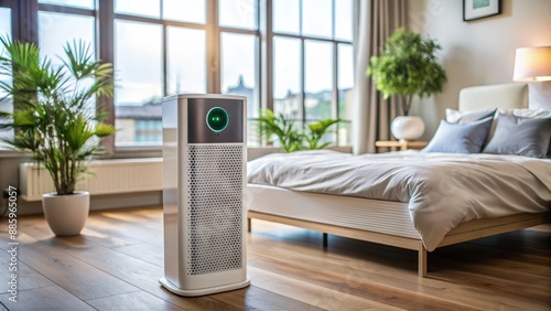 Modern indoor air purifier with digital monitor screen displays real-time air quality and PM2.5 pollution levels in serene bedroom setting. photo