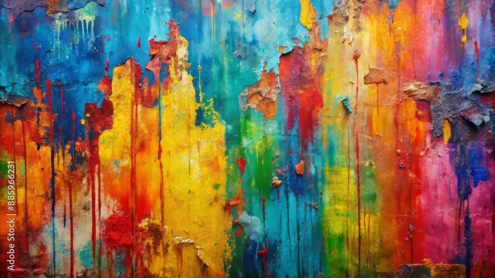 Fototapeta premium Vibrant abstract textured wall featuring expressive palette knife strokes in bold grunge colors for artistic backgrounds and designs.