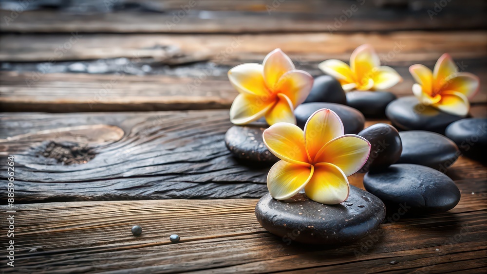 Wellness background featuring black spa stones and plumeria flowers on a wooden surface, spa, stones, plumeria Wellness background featuring black spa stones and plumeria flowers on a wooden surface, spa, stones, plumeria