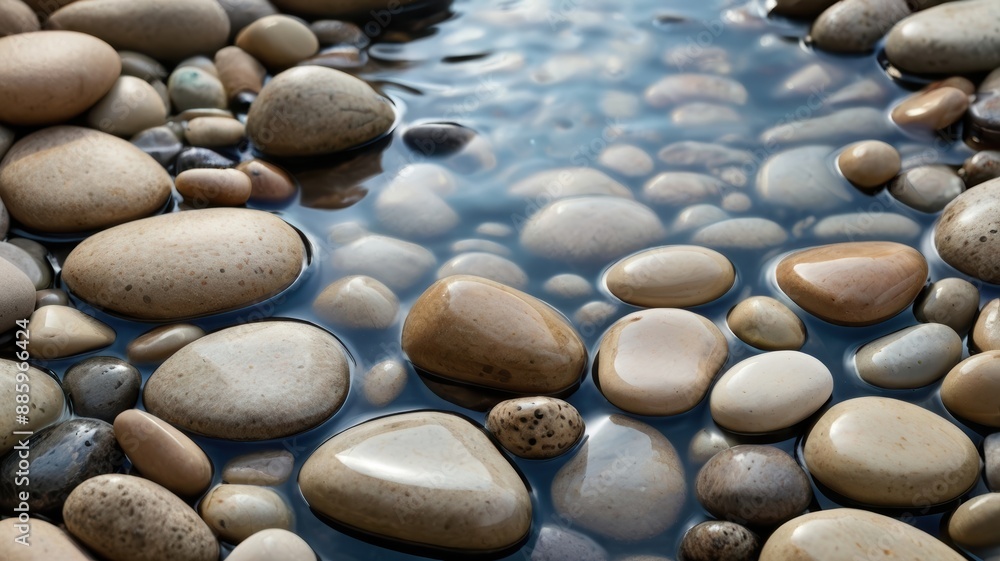 A soothing background with flowing water and smooth pebbles A soothing background with flowing water and smooth pebbles