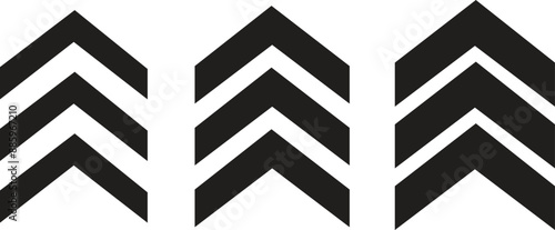 Set of Chevron arrows flat icons gracefully point upward, symbolizing upward direction or movement. Three arrows in column. Road caution, military, navigation signs for turn on transparent background.