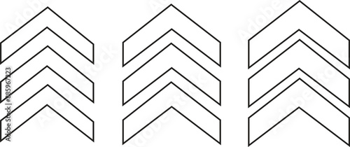 Set of Chevron arrows line icons gracefully point upward, symbolizing upward direction or movement. Three arrows in column. Road caution, military, navigation signs for turn on transparent background.