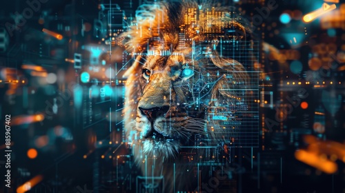 A futuristic lion with sleek, metallic fur and glowing blue eyes, standing proudly against a digital cityscape backdrop