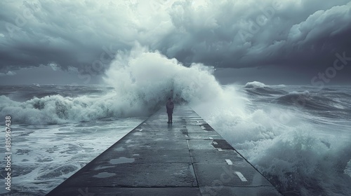 Braving the Storm Lone Figure Confronts Nature's Fury on Pier Symbolizing Resilience and Solitude