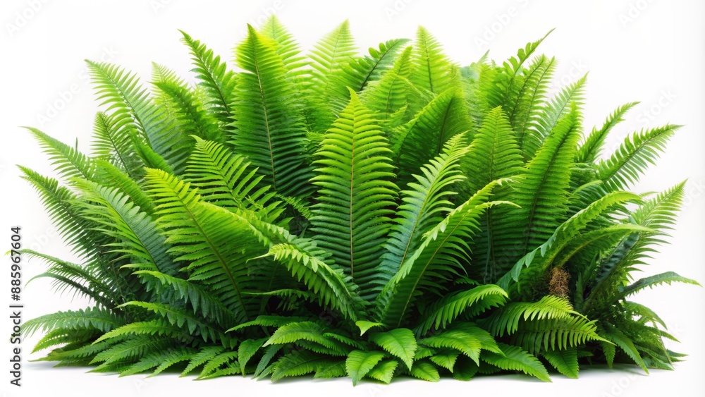Vibrant green bush of broadleaf ferns and lush grasses isolated on pure white background, showcasing nature's serene beauty. Vibrant green bush of broadleaf ferns and lush grasses isolated on pure white background, showcasing nature's serene beauty.