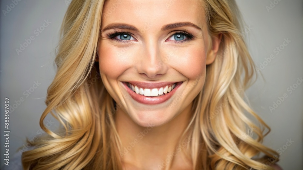 Attractive cheerful blonde Caucasian female isolate neutral background close up face portrait stunning bright smile perfect teeth radiant complexion. Attractive cheerful blonde Caucasian female isolate neutral background close up face portrait stunning bright smile perfect teeth radiant complexion.