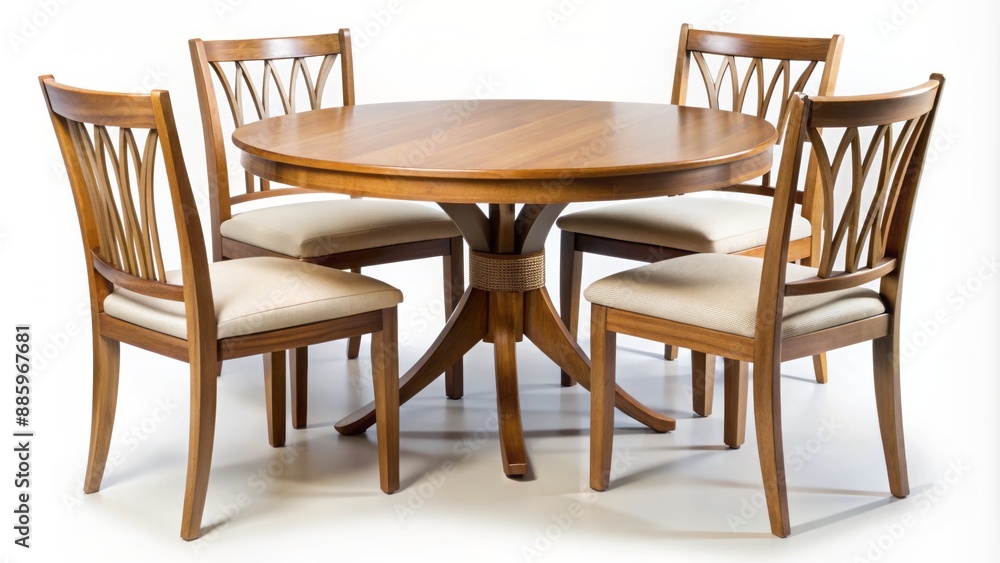 Elegant modern wooden round dining table with matching chairs isolated on a pure white background with subtle shadows. Elegant modern wooden round dining table with matching chairs isolated on a pure white background with subtle shadows.