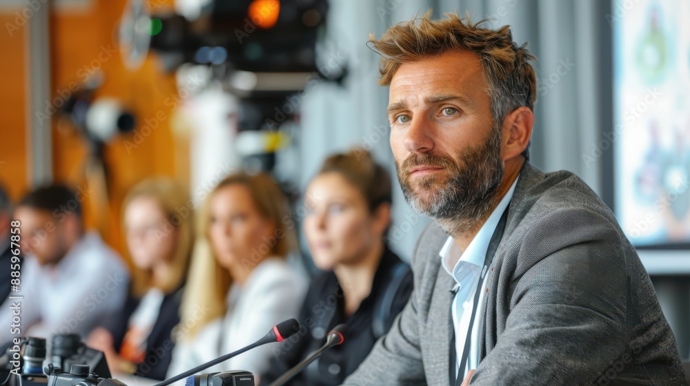 Businessman hosting a panel on environmental innovation, realistic photography Businessman hosting a panel on environmental innovation, realistic photography