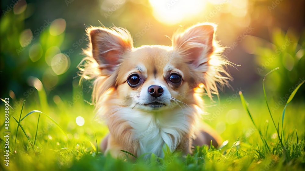 Adorable tiny Chihuahua with big brown eyes and fluffy coat lying peacefully on lush green grass in warm sunlight. Adorable tiny Chihuahua with big brown eyes and fluffy coat lying peacefully on lush green grass in warm sunlight.