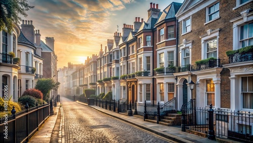 Fototapeta Naklejka Na Ścianę i Meble -  Narrow cobblestone street lined with identical row of small, ornate, brick-built, 19th-century Victorian terraced houses with chimneys and bay windows.