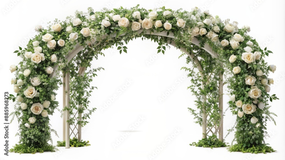 custom made wallpaper toronto digitalIntricate Arch of white climbing roses with delicate floral design, perfect for wedding decorations, beautifully illustrated in detailed isolation on white.