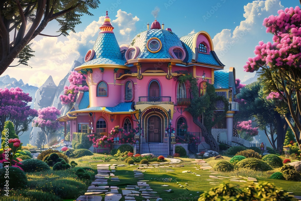 Obraz premium Enchanting and colorful futuristic farmhouse in cartoon style in a magical city in 3D render cartoon style , generated by ai