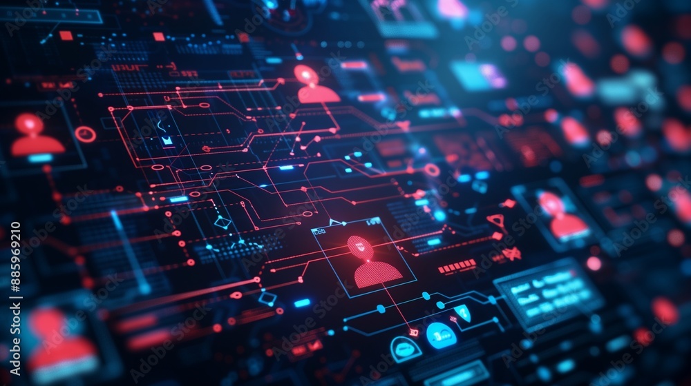 Scene with blue and red digital background, intricate network flowchart with modern tech interfaces. Scene with blue and red digital background, intricate network flowchart with modern tech interfaces.