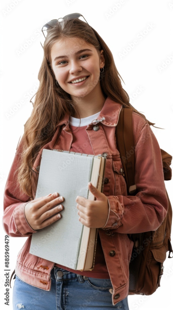 smiling girl in student clothes, around 15 years old, holding a book smiling girl in student clothes, around 15 years old, holding a book