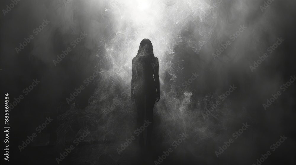 The single, detailed women body stands out dramatically against the deep black background and smoke. The single, detailed women body stands out dramatically against the deep black background and smoke.