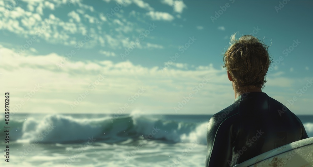 Fototapeta premium Ocean Reverie A Lone Surfer Contemplating the Majestic Waves