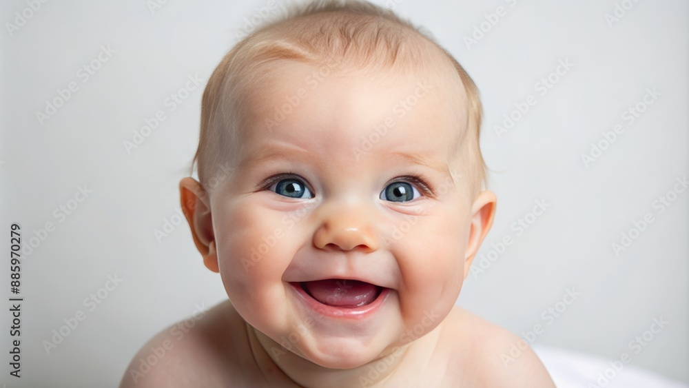 Adorable six-month-old infant's bright smile and rosy cheeks radiate joy against a pristine white background, exuding innocence and purity. Adorable six-month-old infant's bright smile and rosy cheeks radiate joy against a pristine white background, exuding innocence and purity.