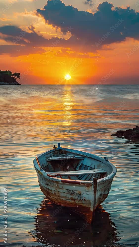 lonely boat and amazing sunset at the sea seamless looping overlay 4k virtual video animation background lonely boat and amazing sunset at the sea seamless looping overlay 4k virtual video animation background